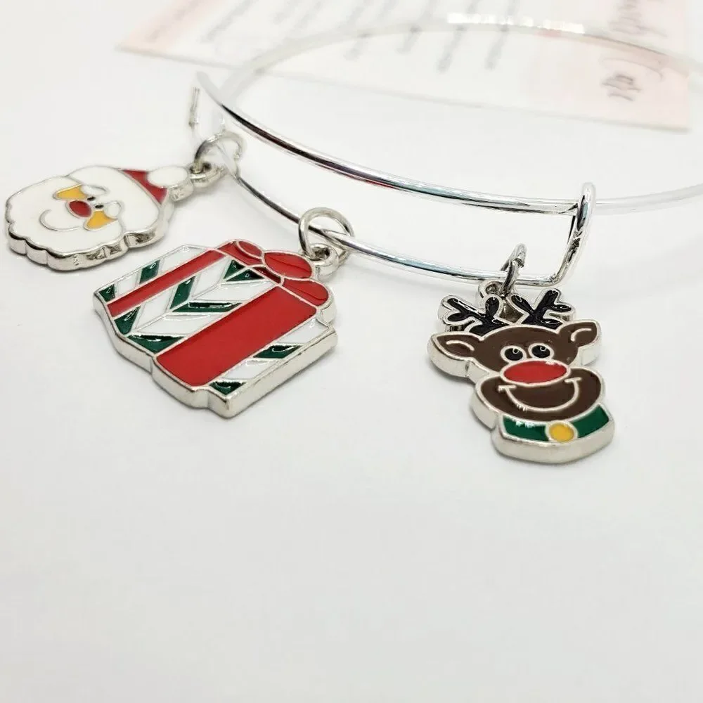 Christmas Santa, Present, and Reindeer Charm Bracelet, Silver Adjustable Jewelry